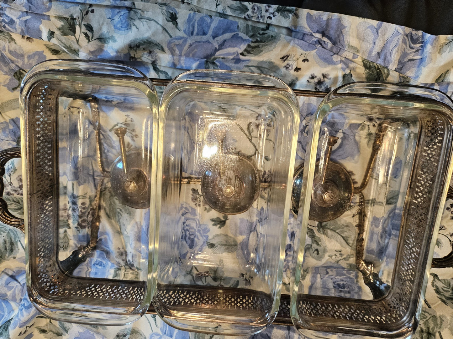 Antique Silver on Copper Triple Buffet Warmer – "Bleeding" Patina with 3 Pyrex 213 Inserts