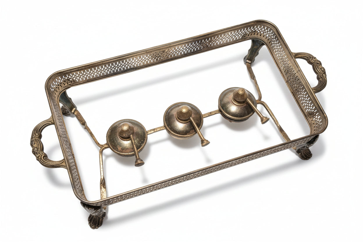 Antique Silver on Copper Triple Buffet Warmer – "Bleeding" Patina with 3 Pyrex 213 Inserts