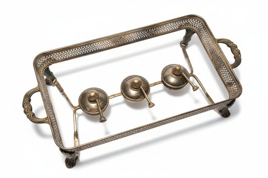 Antique Silver on Copper Triple Buffet Warmer – "Bleeding" Patina with 3 Pyrex 213 Inserts