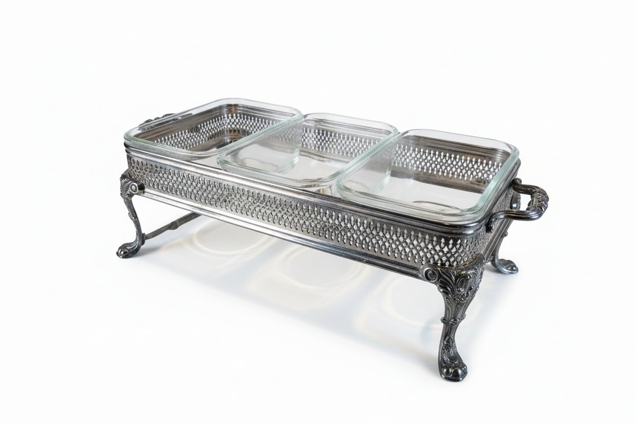 Antique Silver on Copper Triple Buffet Warmer – "Bleeding" Patina with 3 Pyrex 213 Inserts
